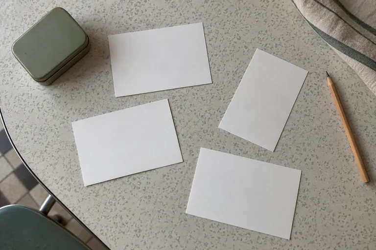 Quatre cartes vierges, un crayon et une petite boîte reposent sur une table.
