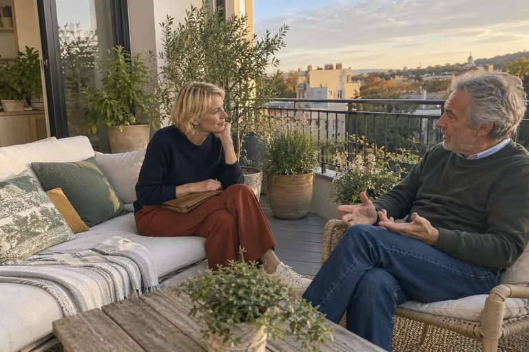 Une femme et un homme discutent assis sur une terrasse.