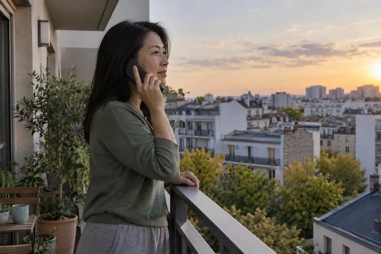 Une femme téléphone debout sur un balcon derrière une rambarde.