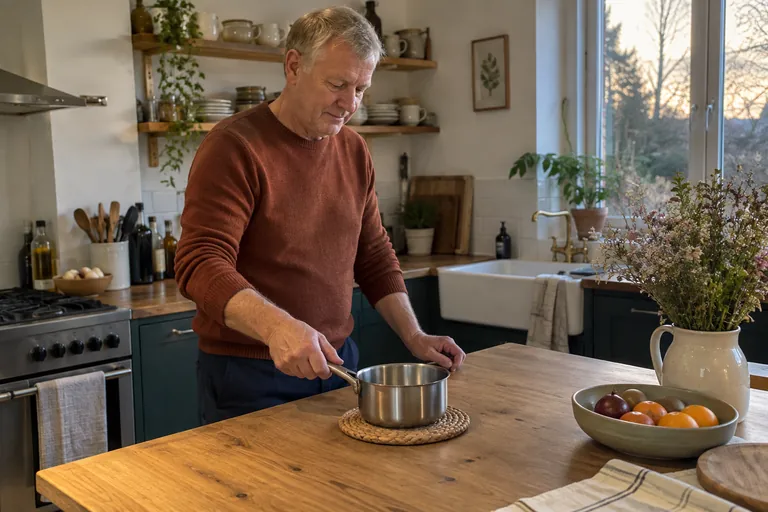 Un homme pose une casserole sur un dessous de plat.