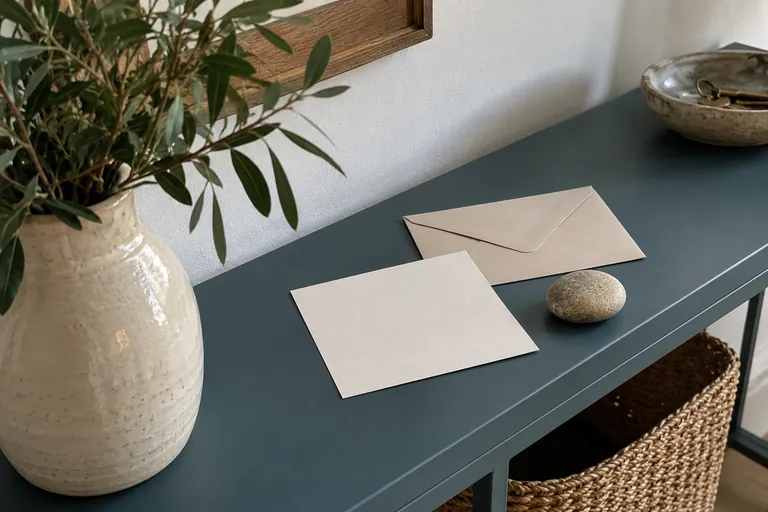 Une carte vierge, une enveloppe et un galet reposent sur une console.