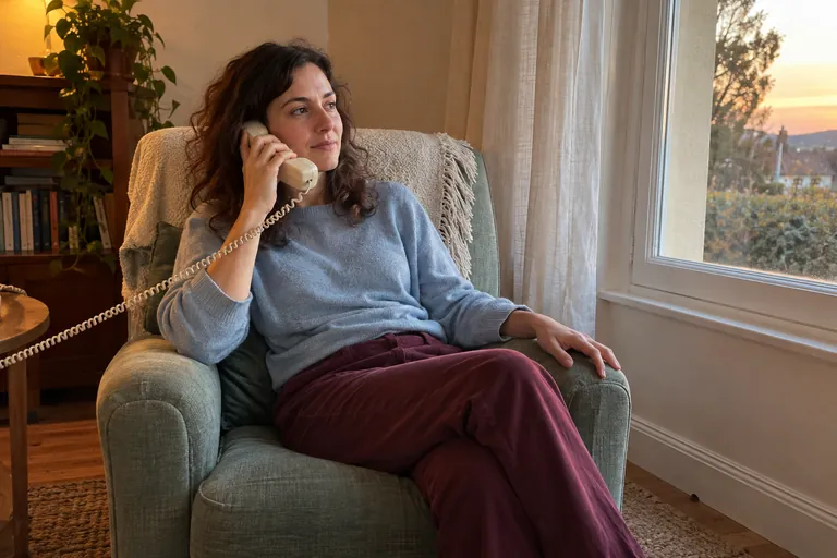 Une femme téléphone, assise dans un fauteuil près d’une fenêtre.