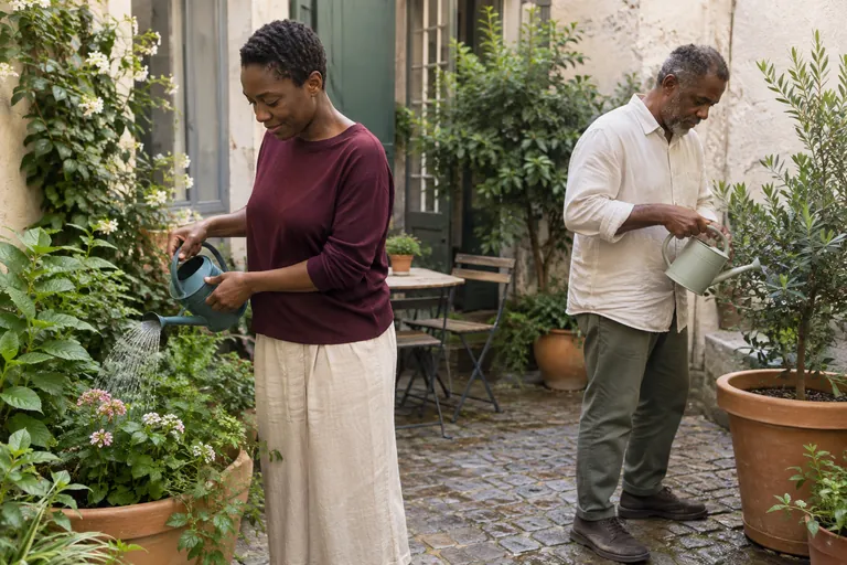 Deux adultes arrosent des plantes dans une cour.