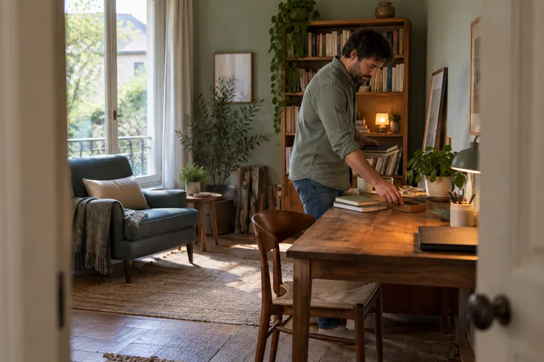 Un homme range des livres et des objets sur un bureau