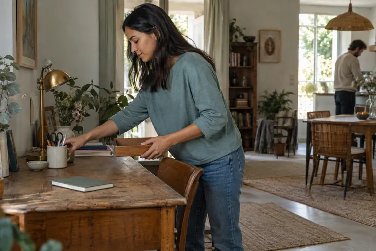 Une femme réorganise des fournitures sur un bureau