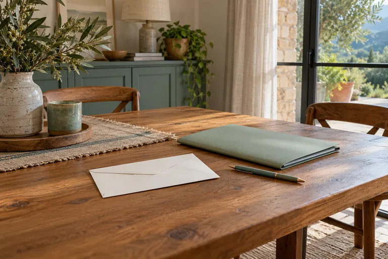 Une enveloppe, un dossier et un stylo reposent sur une table