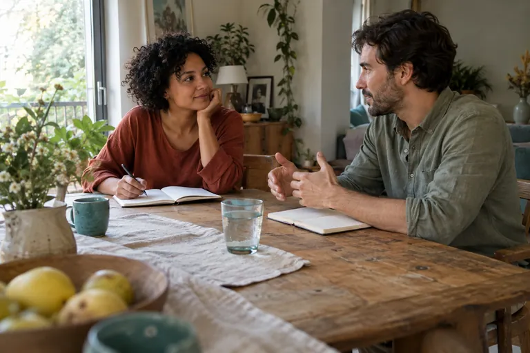 Deux adultes échangent autour de carnets ouverts