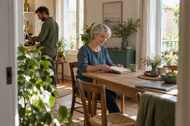 Une femme aux cheveux gris ferme un carnet sur une table