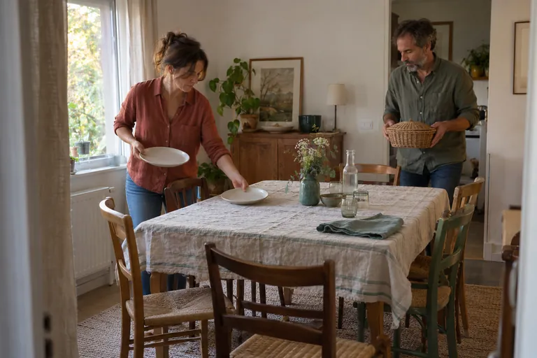 Deux adultes préparent une table : une femme dispose des assiettes et un homme porte un panier fermé.
