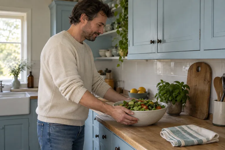 Un homme tient un grand saladier sur le plan de travail d’une cuisine.