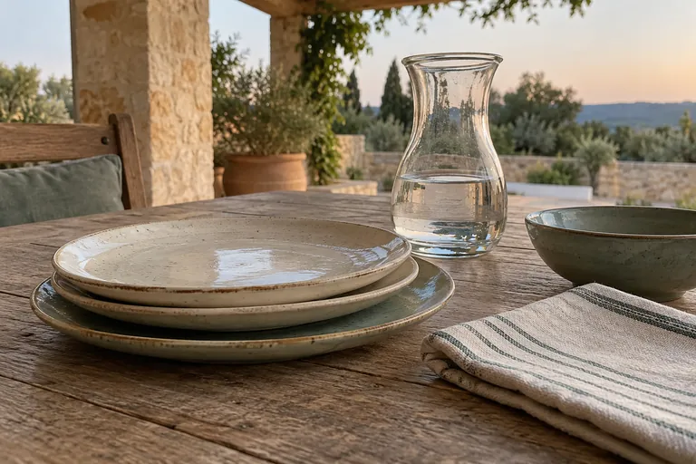 Des assiettes empilées, une carafe d’eau, un bol et une serviette sont posés sur une table extérieure.