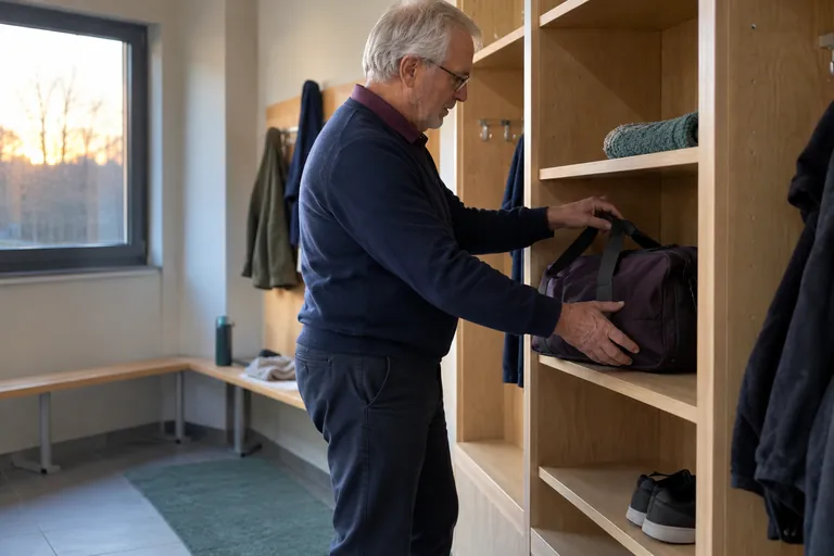 Un homme range un sac sur une étagère à hauteur de taille.