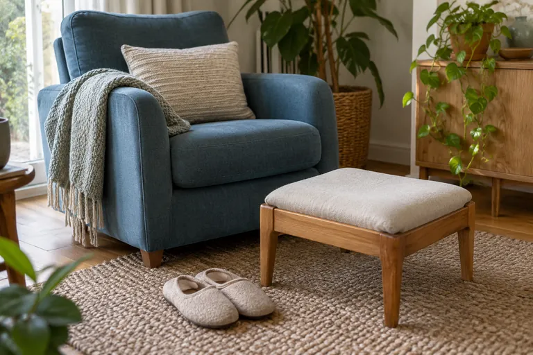Un fauteuil, un repose-pied et des chaussons occupent un coin salon.