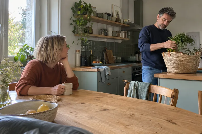 Une femme assise regarde un homme ranger des légumes dans une cuisine.