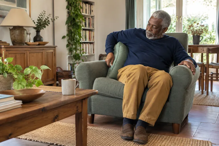 Un homme ajuste un coussin à côté de lui dans un fauteuil.