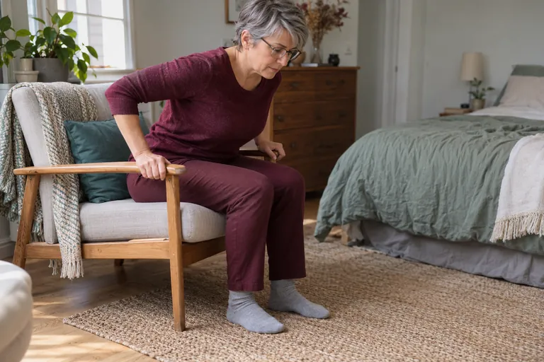 Une femme prend appui sur les accoudoirs d’un fauteuil pour se relever.