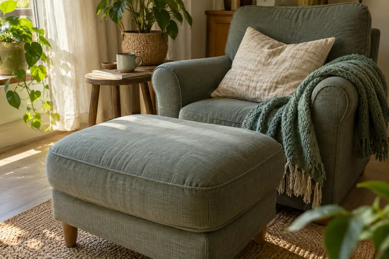 Un fauteuil avec coussin et couverture est placé derrière un repose-pieds.