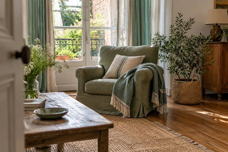 Un coussin et un plaid reposent dans un fauteuil vide près d’une fenêtre