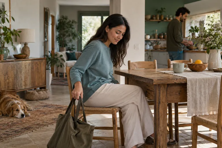 Une femme assise à une table tient un sac à côté de sa chaise