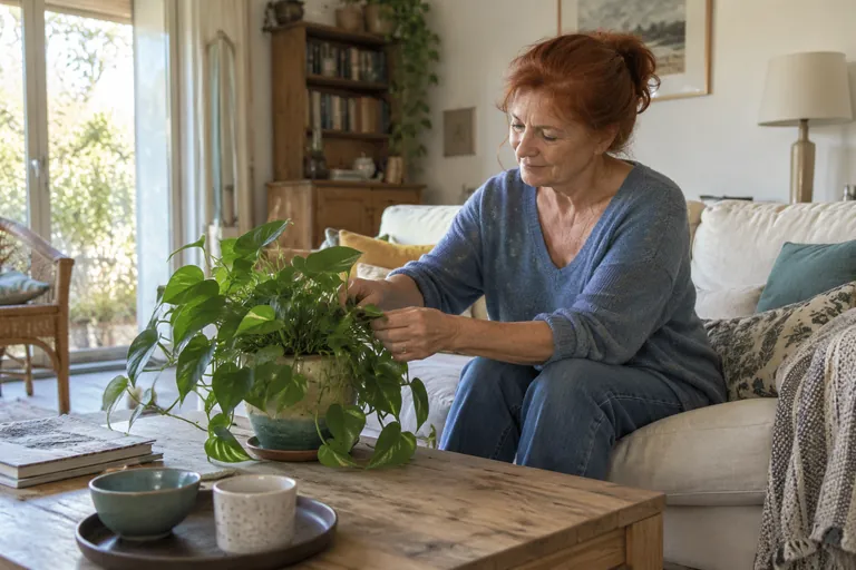 Une femme assise sur un canapé observe les feuilles d’une plante.