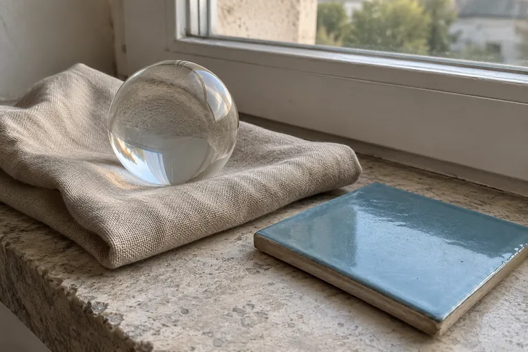 Une sphère de verre et un carreau bleu reposent sur un rebord de fenêtre.