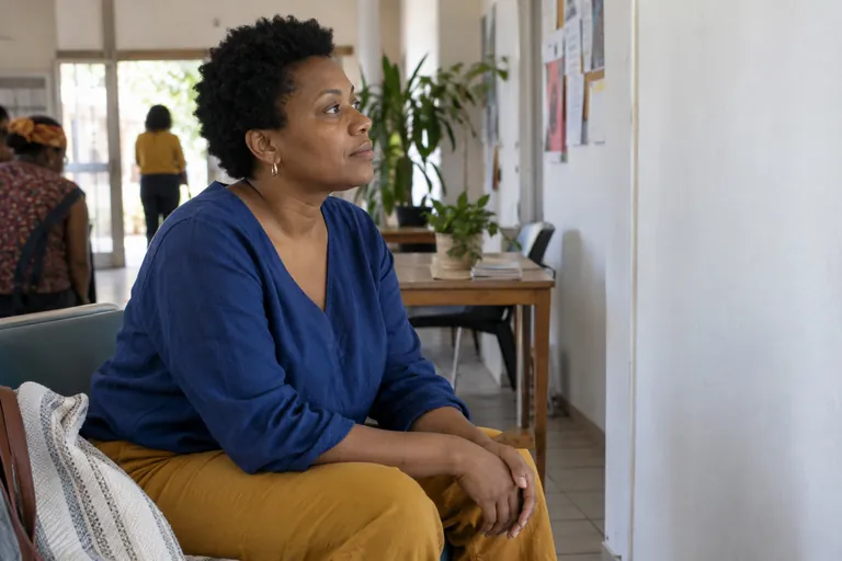 Une femme est assise les yeux ouverts dans une salle commune.