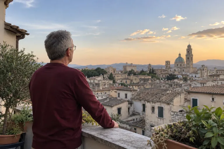 Un homme regarde les toits d’une ville depuis une terrasse.