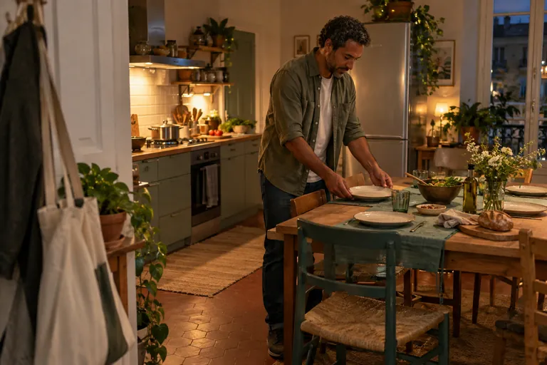 Un homme dispose des assiettes sur une table dans une cuisine