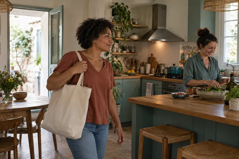 Une femme portant un sac en toile entre dans une cuisine