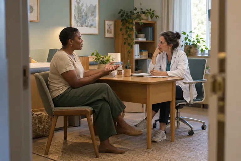 Une femme échange avec une médecin dans un cabinet