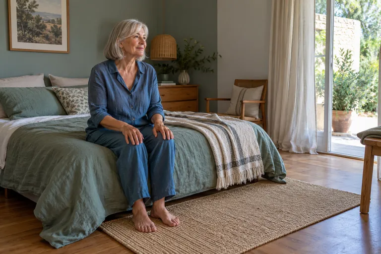 Une femme aux cheveux gris est assise au bord d’un lit, les pieds posés au sol