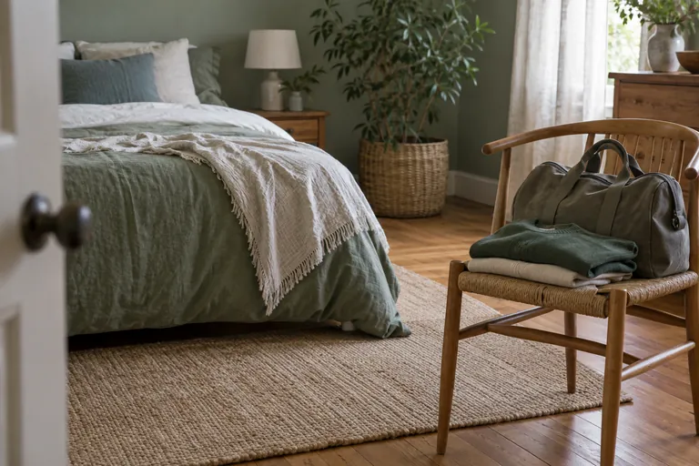 Un sac et des vêtements pliés reposent sur une chaise dans une chambre