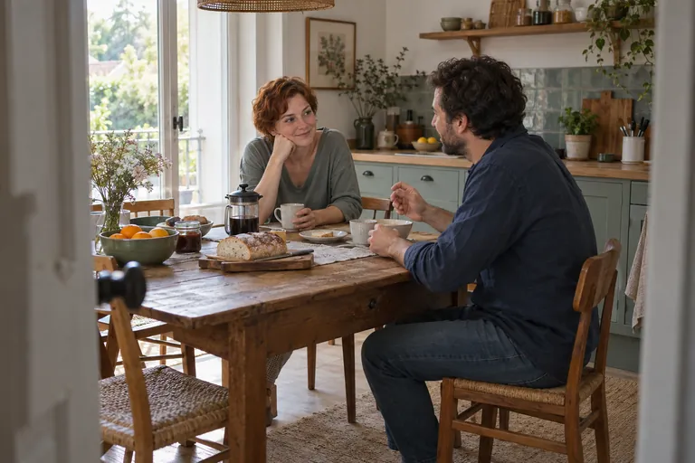 Deux adultes discutent autour d’un petit déjeuner