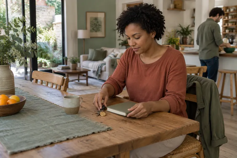 Une femme prépare un carnet fermé et des clés sur une table