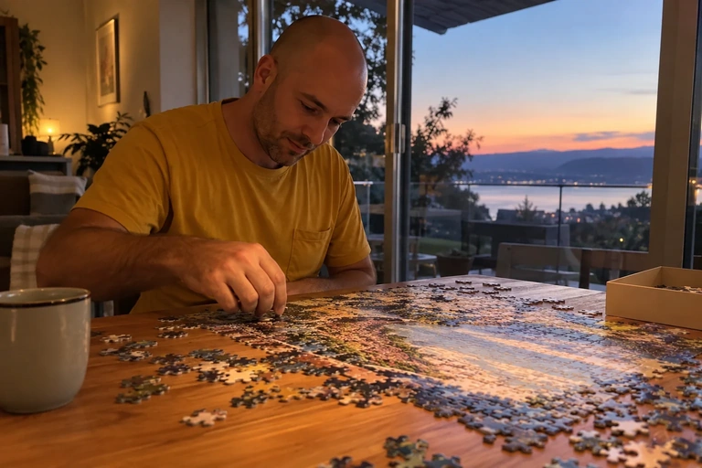 Un homme termine un puzzle près d’une fenêtre en fin de journée