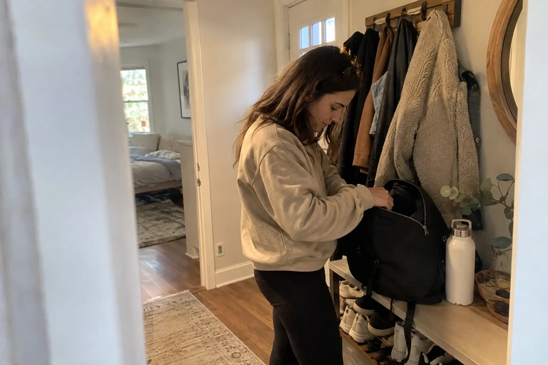 Une femme prépare son sac dans une entrée avec des manteaux