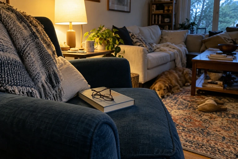 Un livre refermé et des lunettes reposent sur un fauteuil bleu