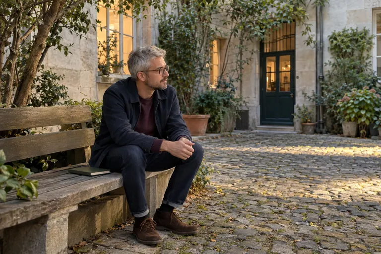 Un homme attend assis sur un banc, un carnet fermé à côté de lui.