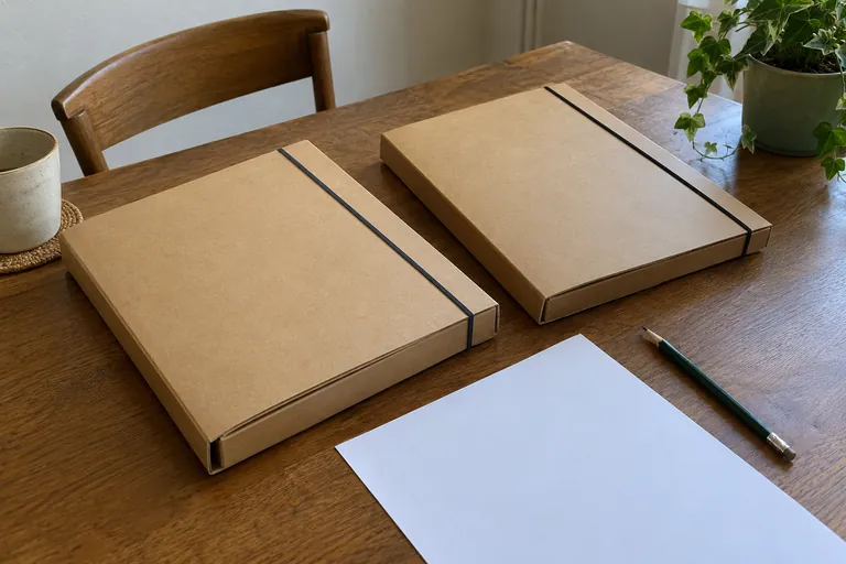 Deux dossiers cartonnés fermés, une feuille vierge et un crayon reposent sur une table.