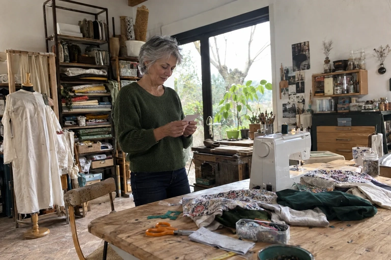 Une femme lit un pense-bête dans un atelier de couture à l’arrêt