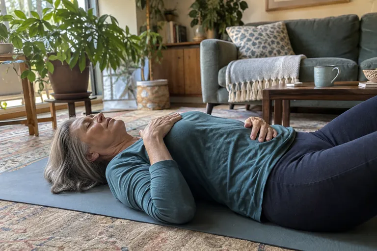 Une femme allongée sur un tapis, une main sur le ventre et l’autre sur la poitrine, pratique la respiration abdominale