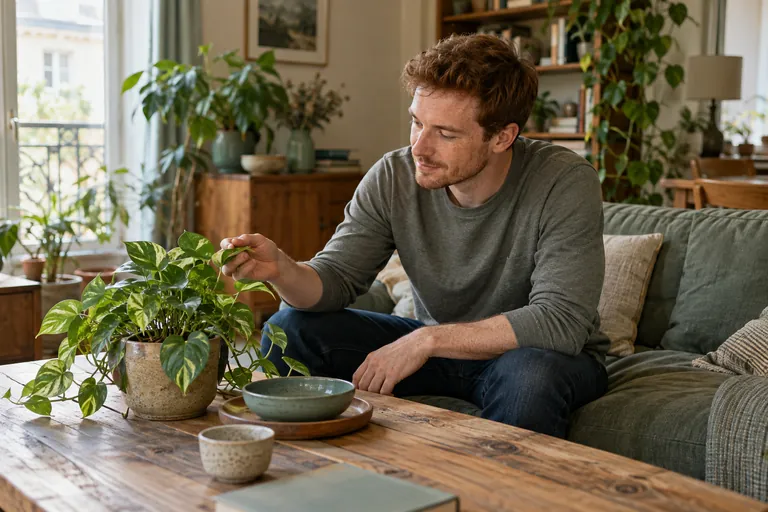 Un homme assis sur un canapé observe une plante en pot