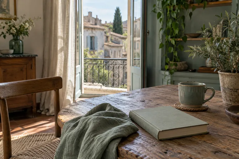 Un livre fermé, un tissu et une tasse reposent sur une table près d’une plante