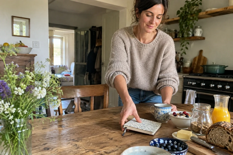 Une femme pose un petit carnet sur la table du petit-déjeuner