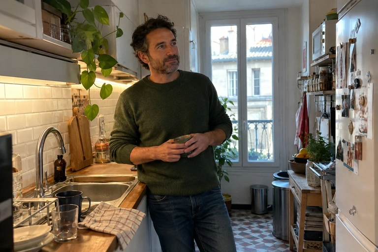 Un homme prend un bref moment de pause après avoir rangé la vaisselle