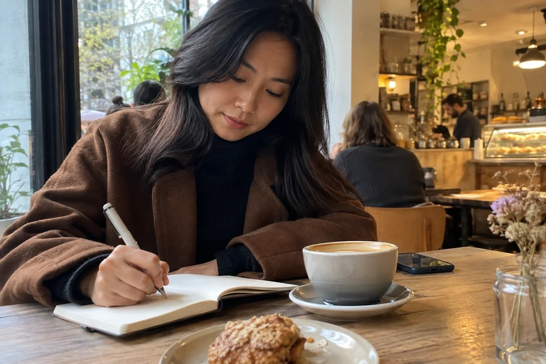 Une personne note un mot dans un carnet dans un café de quartier