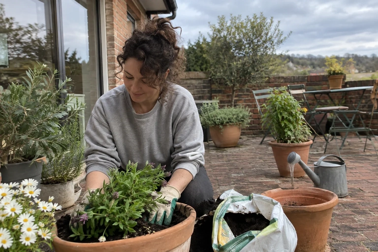 Une femme reprend son jardinage après une courte pause sur une terrasse