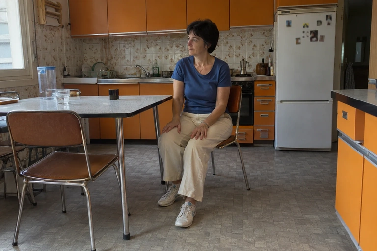 Une femme est assise sur une chaise à une table de cuisine