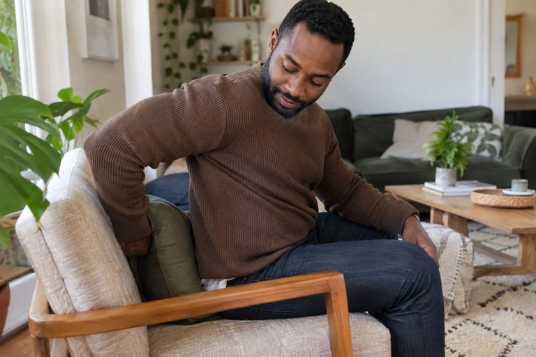 Un homme ajuste un petit coussin derrière son dos dans un fauteuil