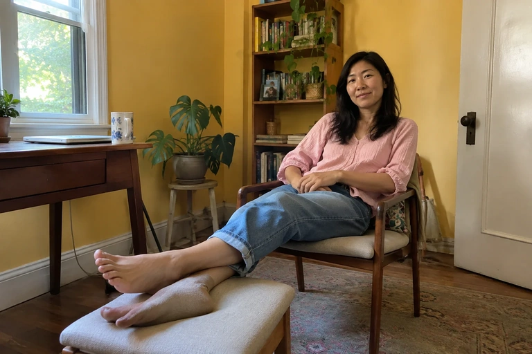 Une femme assise sur une chaise utilise un petit repose-pieds